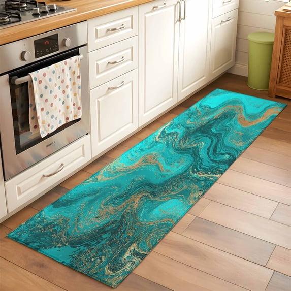 2'x6' Rug Runners for Hallways Kitchen, Turquoise Marble Non Slip Entryway Beside Floor Carpet Runner, Farmhouse Modern Abstract Aesthetic Washable Laundry Room Bedroom Throw Rugs Mat for Family Pet