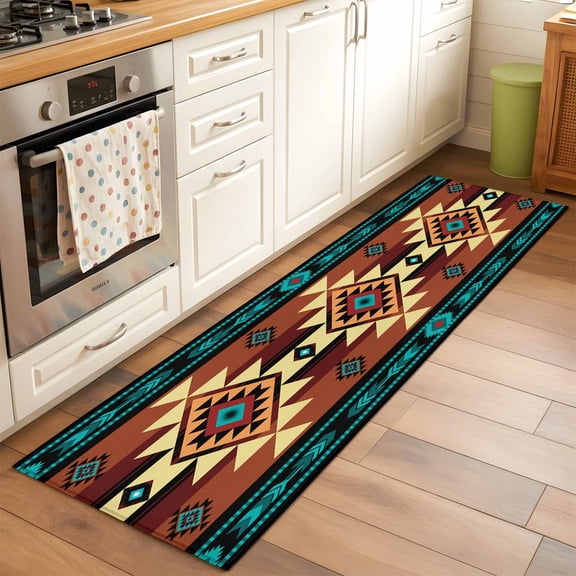2'x6' Rug Runners for Hallways Kitchen, Turquoise Red Non Slip Entryway Beside Floor Carpet Runner, Southwest American Native Abstract Pattern Laundry Room Bedroom Throw Rugs Mat for Family Pet