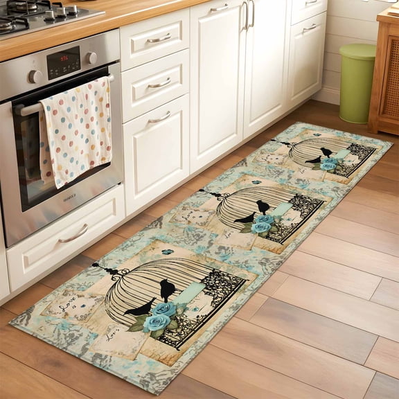 2'x6' Rug Runners for Hallways Kitchen, Vintage Bird Cage Non Slip Entryway Beside Floor Carpet Runner, Retro Floral Pattern Washable Laundry Room Bedroom Throw Rugs Mat for Family Pet