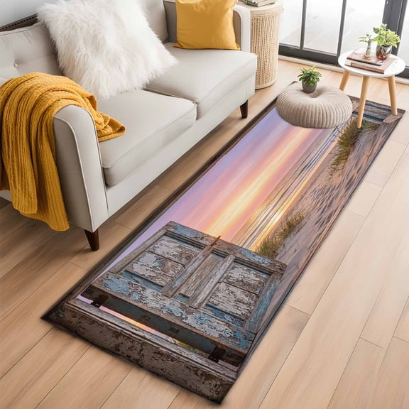 2'x6' Rug Runners for Hallways Kitchen, Vintage Door Coastal Non Slip Entryway Beside Floor Carpet Runner, Sunset Seaside Summer Beach Washable Laundry Room Bedroom Throw Rugs Mat for Family Pet