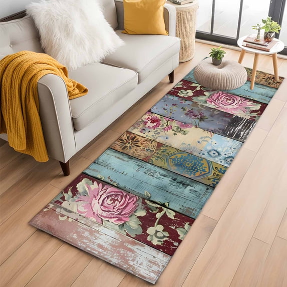2'x6' Rug Runners for Hallways Kitchen, Vintage Flower Non Slip Entryway Beside Floor Carpet Runner, Retro Botanical Floral Wooden Washable Laundry Room Bedroom Throw Rugs Mat for Family Pet