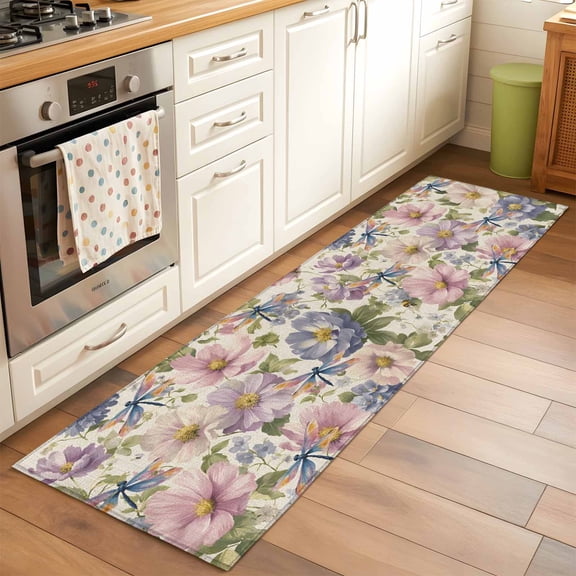 2'x6' Rug Runners for Hallways Kitchen, Vintage Flowers Non Slip Entryway Beside Floor Carpet Runner, Spring Watercolor Floral Dragonflies Beige Laundry Room Bedroom Throw Rugs Mat for Family Pet