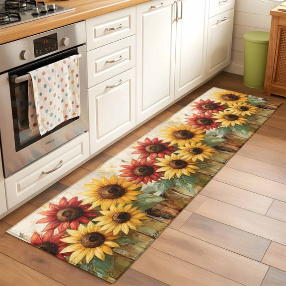 2'x6' Rug Runners for Hallways Kitchen, Vintage Sunflowers Non Slip Entryway Beside Floor Carpet Runner, Summer Farmhouse Wooden Country Floral Washable Laundry Room Bedroom Throw Rugs Mat