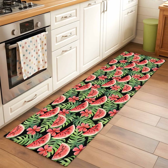 2'x6' Rug Runners for Hallways Kitchen, Watermelon Non Slip Entryway Beside Floor Carpet Runner, Summer Fruit Green Tropical Palm Leaf Flower Laundry Room Bedroom Throw Rugs Mat for Family Pet