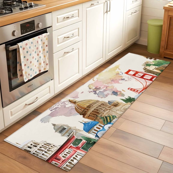2'x6' Rug Runners for Hallways Kitchen, World Map Non Slip Entryway Beside Floor Carpet Runner, Farmhouse Famous Building Tourism Bridge Washable Laundry Room Bedroom Throw Rugs Mat for Family Pet
