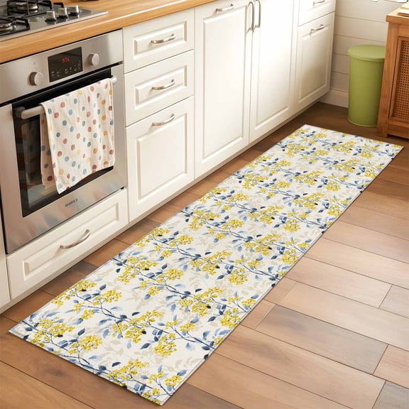 2'x6' Rug Runners for Hallways Kitchen, Yellow Blue Spring Floral Non Slip Entryway Beside Floor Carpet Runner, Summer Botanical Farmhouse Washable Laundry Room Bedroom Throw Rugs Mat for Family Pet
