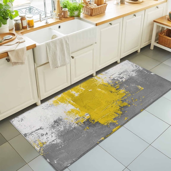 2'x6' Rug Runners for Hallways Kitchen, Yellow Cement Gray Non Slip Entryway Beside Floor Carpet Runner, Modern Abstract Art Yellow Washable Laundry Room Bedroom Throw Rugs Mat for Family Pet