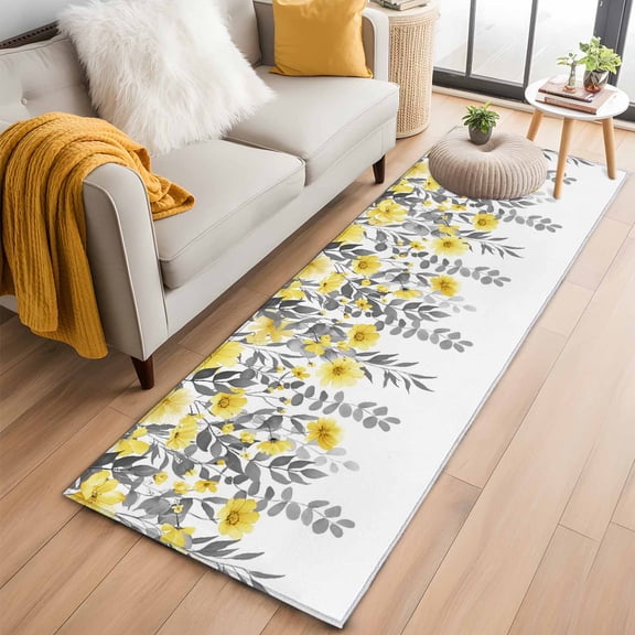 2'x6' Rug Runners for Hallways Kitchen, Yellow Floral Non Slip Entryway Beside Floor Carpet Runner, Farmhouse Spring Flowers Leaves Washable Laundry Room Bedroom Throw Rugs Mat for Family Pet