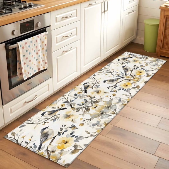 2'x6' Rug Runners for Hallways Kitchen, Yellow Grey Botanical Non Slip Entryway Beside Floor Carpet Runner, Spring Floral Summer Birds Vintage Washable Laundry Room Bedroom Throw Rugs Mat