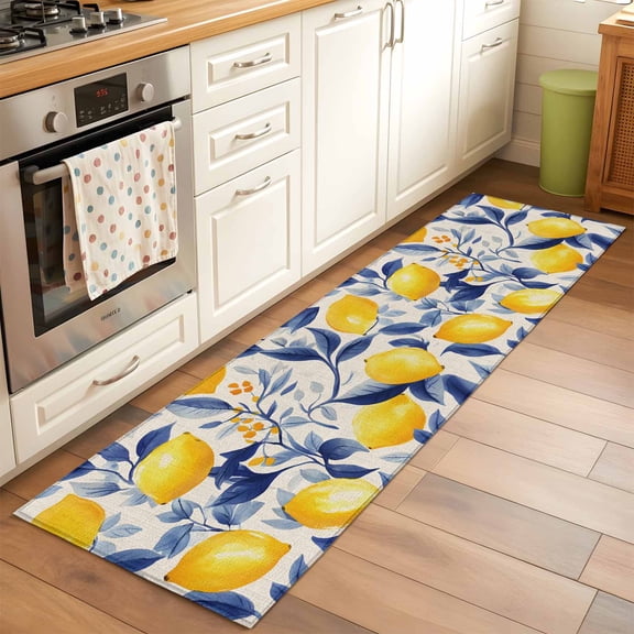 2'x6' Rug Runners for Hallways Kitchen, Yellow Lemon Non Slip Entryway Beside Floor Carpet Runner, Blue Leaf Vintage Botanical Summer Spring Washable Laundry Room Bedroom Throw Rugs Mat