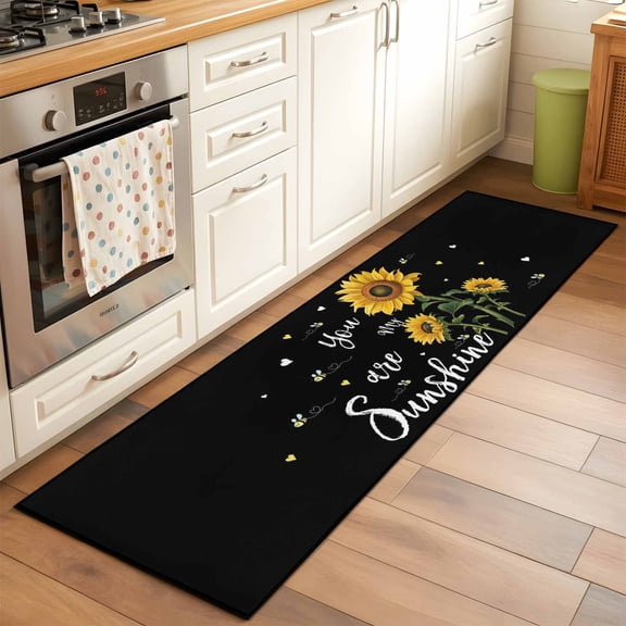 2'x6' Rug Runners for Hallways Kitchen, Yellow Sunflower Non Slip Entryway Beside Floor Carpet Runner, Summer Flower Bee Sunshine Black Washable Laundry Room Bedroom Throw Rugs Mat for Family Pet