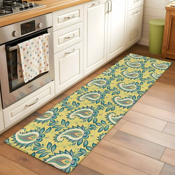 2'x6' Rug Runners for Hallways Kitchen, Yellow Teal Boho Botanical Non Slip Entryway Beside Floor Carpet Runner, Southwestern Leaves Ethnic Tribal Laundry Room Bedroom Throw Rugs Mat for Family Pet