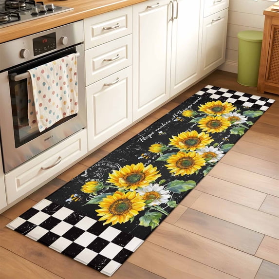 2'x6' Rug Runners for Hallways Kitchen, Yellow White Sunflower Non Slip Entryway Beside Floor Carpet Runner, Leaves Oil Painting Retro Washable Laundry Room Bedroom Throw Rugs Mat for Family Pet