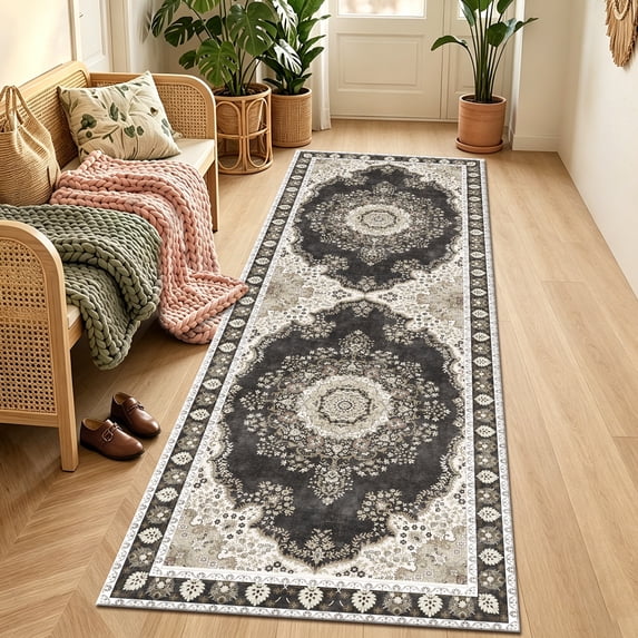 2'x6' Runner Rug,Modern Faux Wool Washable Rugs Runner for Hallway Non-Slip Long Kitchen Rug, Vintage Low Pile Indoor Carpet for Porch Laundry Entryway Entrance