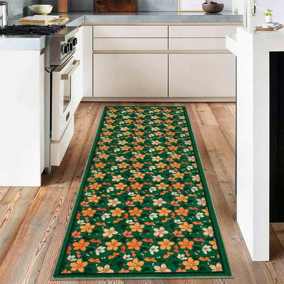 2'x6' Runner Rug Boho Floral Small Non-Slip Low Pile Throw Rugs for Entryway Kitchen Front Door Indoor Entrance Entry Kids Room Green