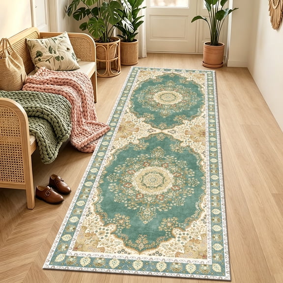 2'x6' Runner Rug,Modern Faux Wool Washable Rugs Runner for Hallway Non-Slip Long Kitchen Rug, Vintage Low Pile Indoor Carpet for Porch Laundry Entryway Entrance