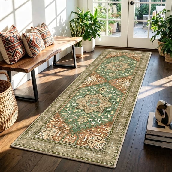 2'x6' Runner Rug for Hallway Floor, Yamaziot Rug Carpet Runner with Rubber Backing, Washable Non Slip Rug Runner Vintage Mat for Bedroom, Laundry, Sage Green