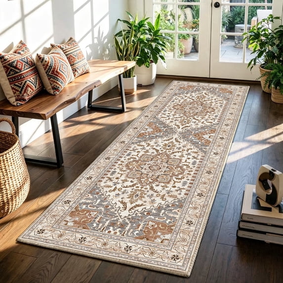 2'x6' Runner Rug for Hallway Floor, Yamaziot Rug Carpet Runner with Rubber Backing, Washable Non Slip Rug Runner Vintage Mat for Bedroom, Laundry, Taupe