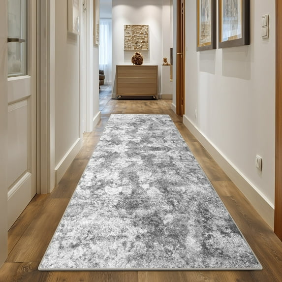 2'x6' Runner Rug for Hallway, Washable Indoor Rug Neutral Abstract Light Gray, Low Pile & Stain Resistant Carpet for Kitchen Bedside Laundry