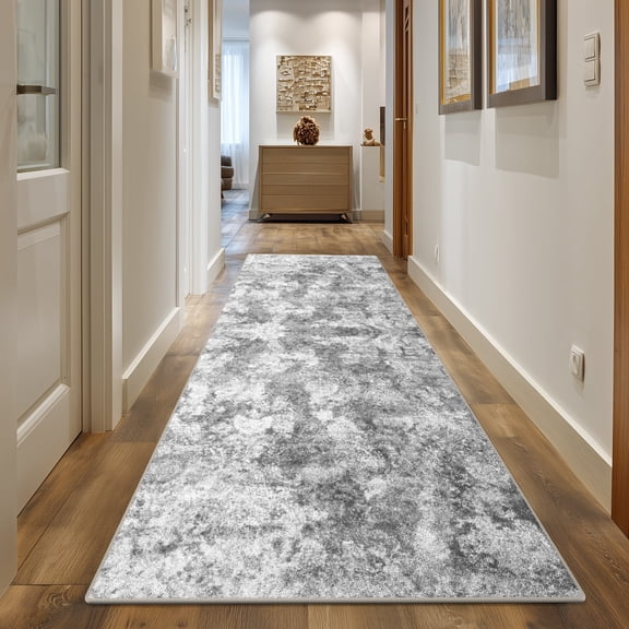 2'x6' Runner Rug for Hallway, Washable Indoor Rug Neutral Abstract Light Gray, Low Pile & Stain Resistant Carpet for Kitchen Bedside Laundry