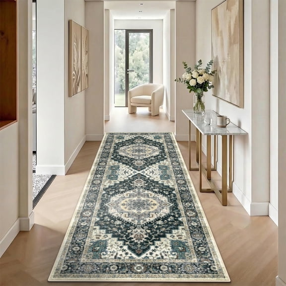 2'x6' Runner Rug for Hallway, Washable Moroccan Neutral Geometric Low Pile Non-Slip Rug for Kitchen Bedside Laundry