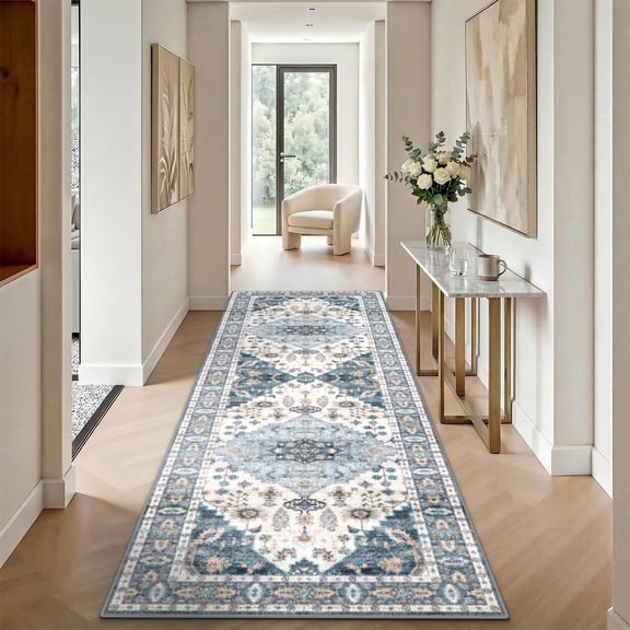 2'x6' Runner Rug for Hallway, Washable Moroccan Neutral Geometric Low Pile Non-Slip Rug for Kitchen Bedside Laundry