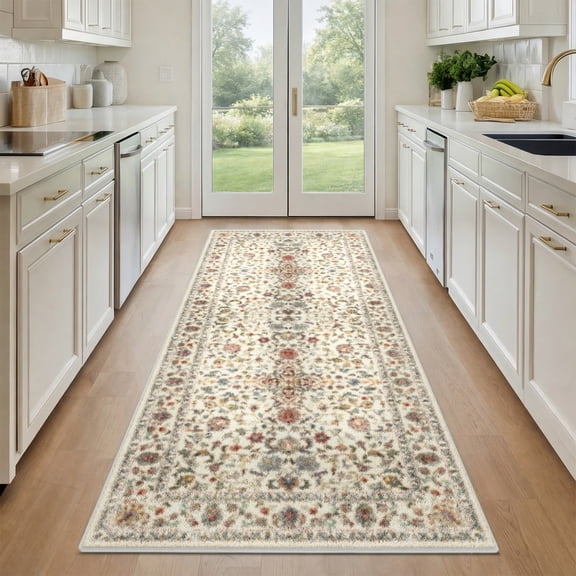 2'x6' Runner Rug for Hallway, Washable Moroccan Neutral Geometric Low Pile Non-Slip Rug for Kitchen Bedside Laundry