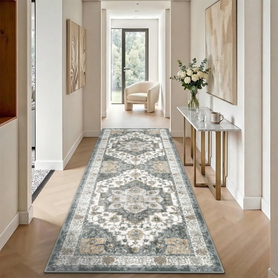 2'x6' Runner Rug for Hallway, Washable Moroccan Neutral Geometric Low Pile Non-Slip Rug for Kitchen Bedside Laundry