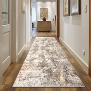 2'x6' Runner Rug for Hallway, Washable Small Indoor Rug Neutral Abstract Beige, Low Pile & Stain Resistant Carpet for Kitchen Bedside Laundry