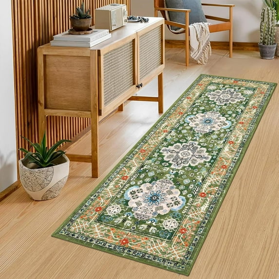 2'x6' Runner Rugs for Hallway, Yamaziot Laundry Room Rug, Vintage Farmhouse Kitchen Mat, Non Shedding Washable Rug Carpet for Bedroom, Living Room, Distressed Green