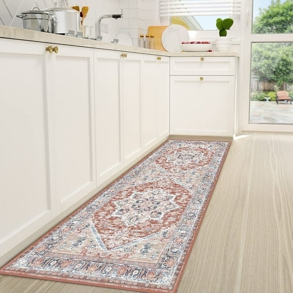 2'x6' Area Rugs, Machine Washable Non Slip Runner Rug for Hallway, Soft Low Pile Vintage Print Pattern Indoor Entryway Thin Carpet, Brick Red