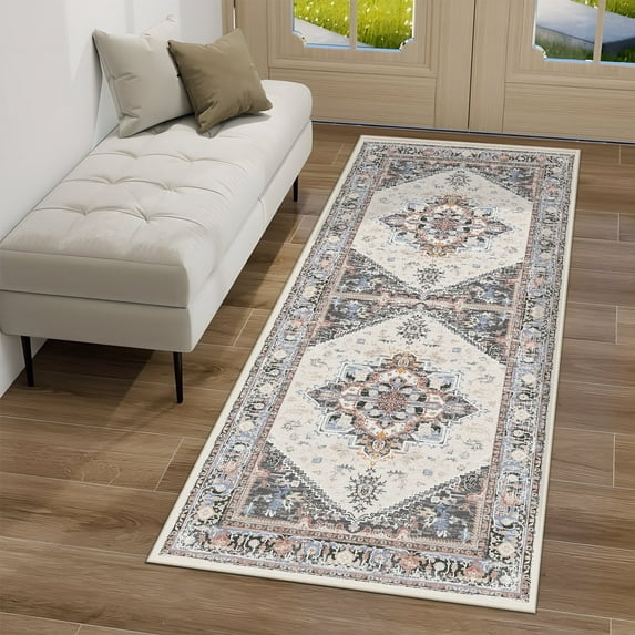 2'x6' Area Rugs, Machine Washable Non Slip Runner Rug for Hallway, Soft Low Pile Vintage Print Pattern Indoor Entryway Thin Carpet, Khaki