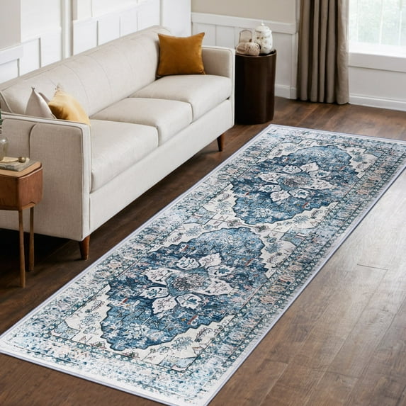 2'x6' Vintage Area Rugs,Soft Washable Distressed Thin Rugs for Kitchen Bedroom,Non-Slip Foldable Indoor Carpet,Navy Blue