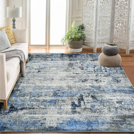 2'x6' Washable Area Rug, Non Slip Abstract Rugs, Soft Faux Wool Living Room Rug, Low Pile Rugs for Living Room Bedroom Dining Room, Blue