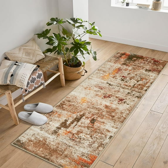 2'x6' Washable Area Rug, Non Slip Abstract Rugs, Soft Faux Wool Living Room Rug, Low Pile Rugs for Living Room Bedroom Dining Room, Brown