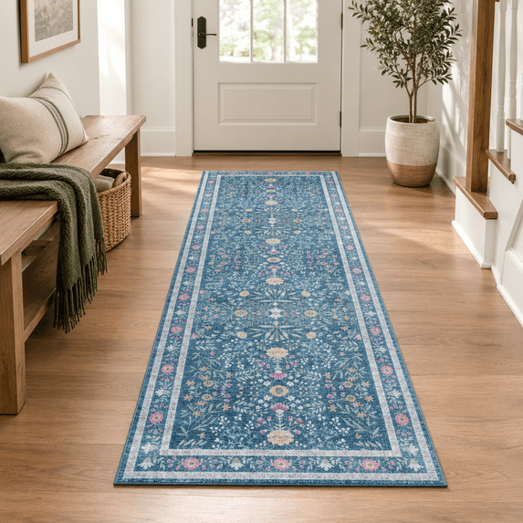 2'x6' Washable Entryway Rug Blue Small Area With Non Sliping Soft Low ...