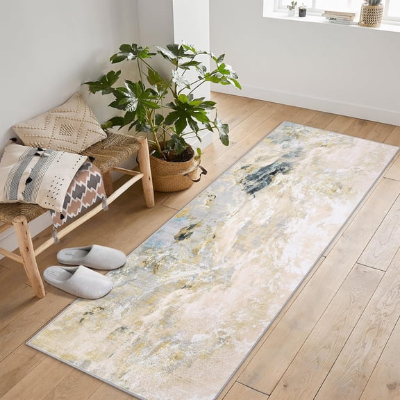 2'x6' Washable Runner Rug, Abstract Geometric Rug Non-Slip Stain Resistant Low Pile Carpet for Hallways Kitchen Laundry Bathroom Beige