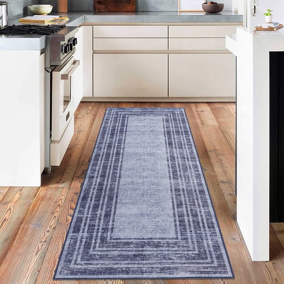 2'x6' Washable Runner Rug Non Slip Low Pile Soft Rug Ultra-Thin Modern Bordered Carpet for Hallway Bathroom Entryway Laundry Blue
