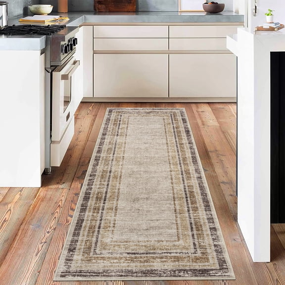 2'x6' Washable Runner Rug Non Slip Low Pile Soft Rug Ultra-Thin Modern Bordered Carpet for Hallway Bathroom Entryway Laundry Brown