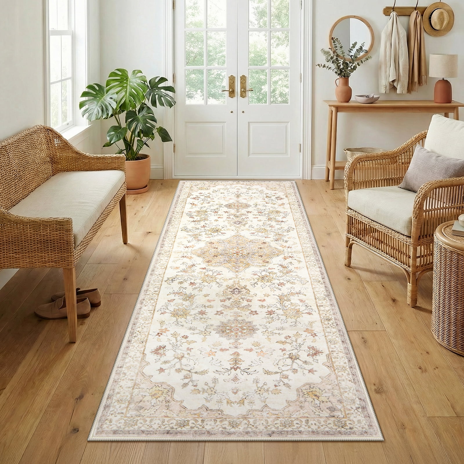 CHITOOMA 2'x6' Machine-washable Runner Rug for Kitchen, Stain Resistant Non-Shed Carpet, Boho Floral Runner Rug with Non-Slip Backing for Hallway, Entryway, Bedroom, Laundry, Bathroom