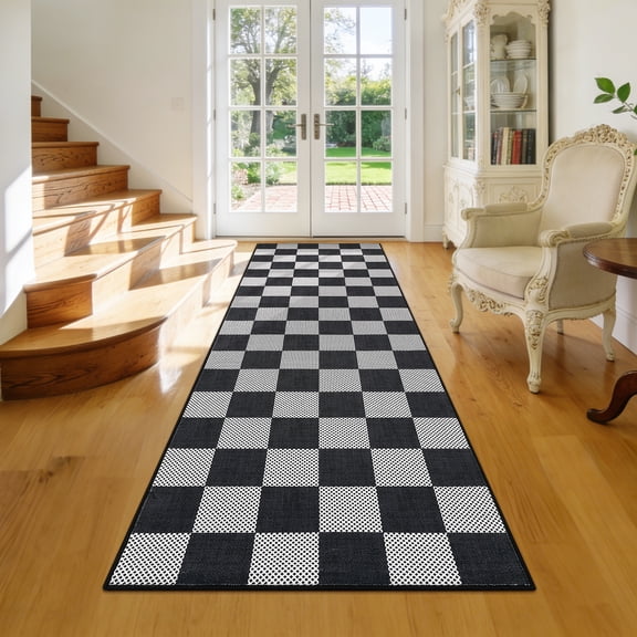 2'x6' ZACOO Checkerboard Low‑Pile Indoor Area Rug Foldable Non‑Shedding Non‑Slip Machine Washable Carpet for Living Room Entryway Bedroom , Black