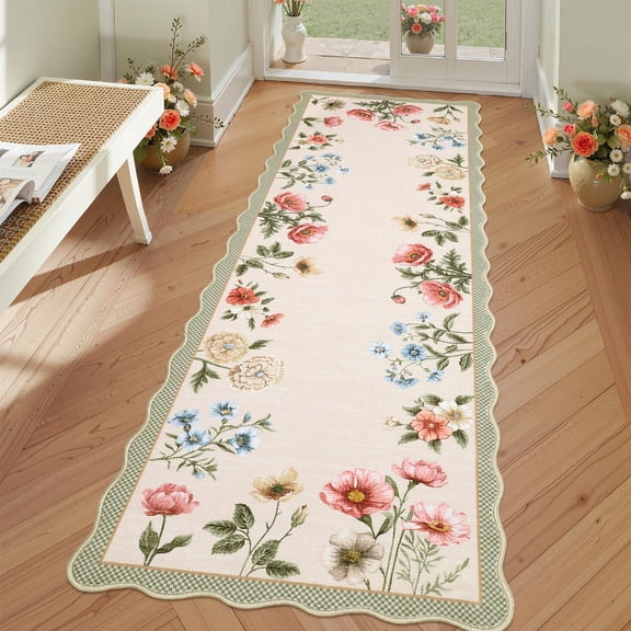 2'x6' ZACOO Wavy Border Floral Low-Pile Indoor Area Rug Machine Washable Foldable Stain & Mark Resistant Carpet for Kitchen Entryway Lounge , Taupe
