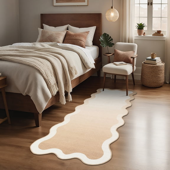 2'x6' ZACOO Wavy Scalloped Edge Gradient Texture Area Rug Non-Slip Wear Resistant Machine Washable Carpet for Living Room Entryway Dining Room, Beige