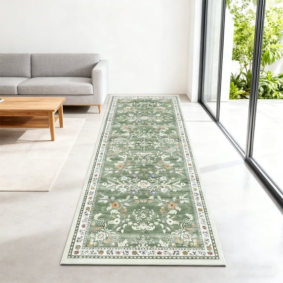 2'x8' Bohemian Style Floral Hallway Runner Rug, Non-Slip with Rubber Backing, Suitable for Kitchen, Laundry Room, Bedroom, Entryway, Green