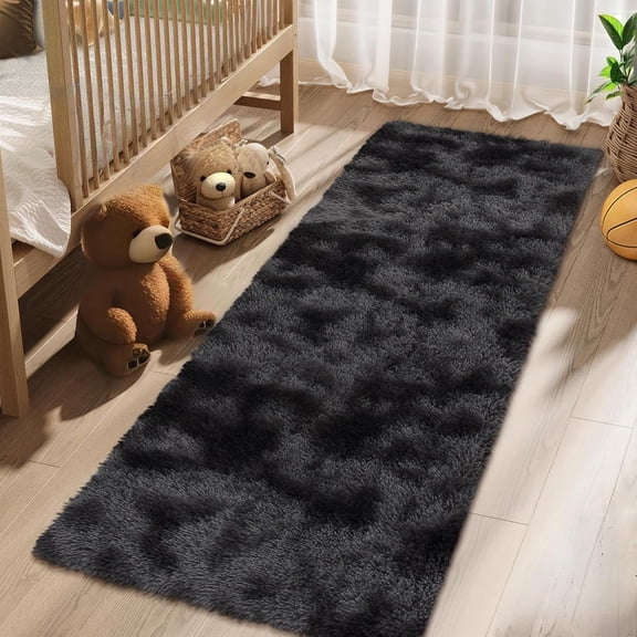 2'x8' Long Shaggy Runner Rug, Tie-Dyed Soft Fuzzy Floor Runner for Hallway & Bedside, Aesthetic Plush Runner for Laundry, Non-Slip, Non-Shedding, Tie-Dyed Black/Grey