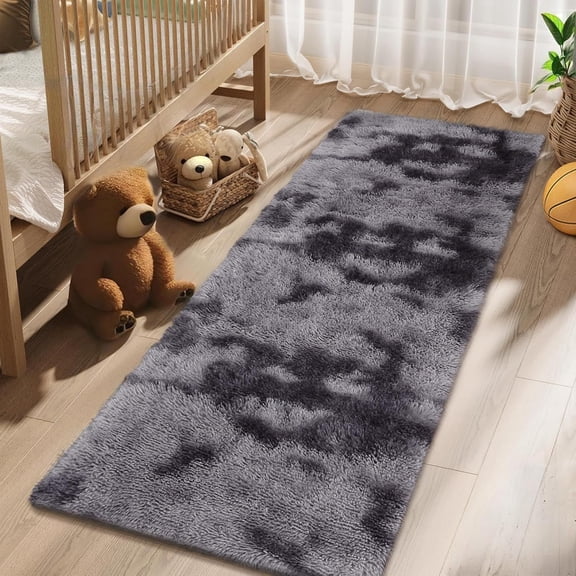 2'x8' Long Shaggy Runner Rug, Tie-Dyed Soft Fuzzy Floor Runner for Hallway & Bedside, Aesthetic Plush Runner for Laundry, Non-Slip, Non-Shedding, Tie-Dyed Dark Grey