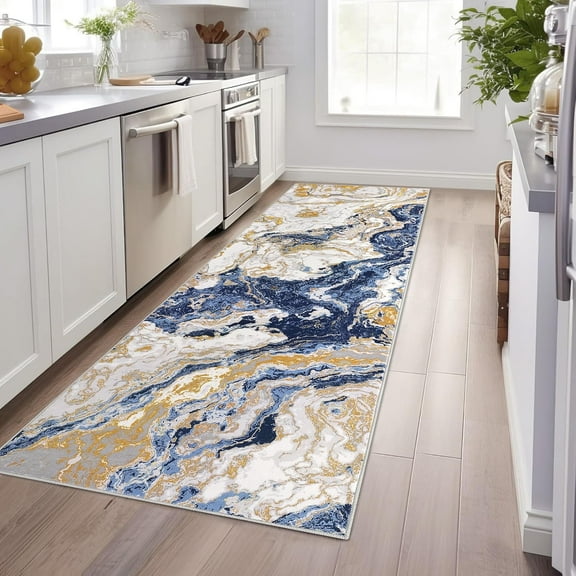 2'x8' Modern Marble Runner Rug, Washable Kitchen Runner Abstract Marble Pattern Rug Runners for Hallways Non Slip for Bedroom Entryway, Blue