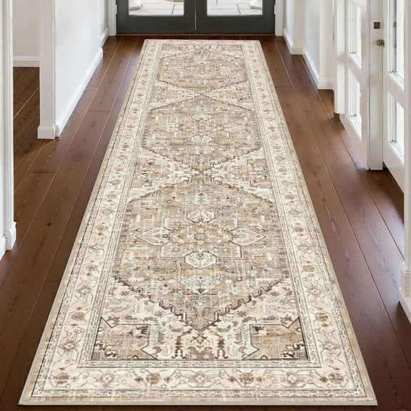 2'x8' Runner Rug for Hallway Floor, Yamaziot Rug Carpet Runner with Rubber Backing, Washable Non Slip Rug Runner Vintage Mat for Bedroom, Laundry, Beige