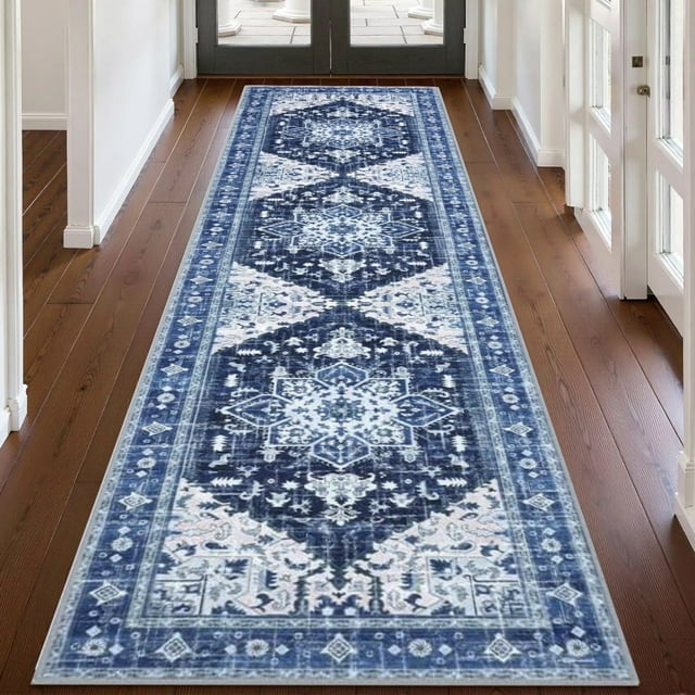 2'x8' Runner Rug for Hallway, Yamaziot Washable Blue Rug Runner with Rubber Backing, Non Slip Vintage Carpet Floor Mat for Bedroom Kitchen Laundry