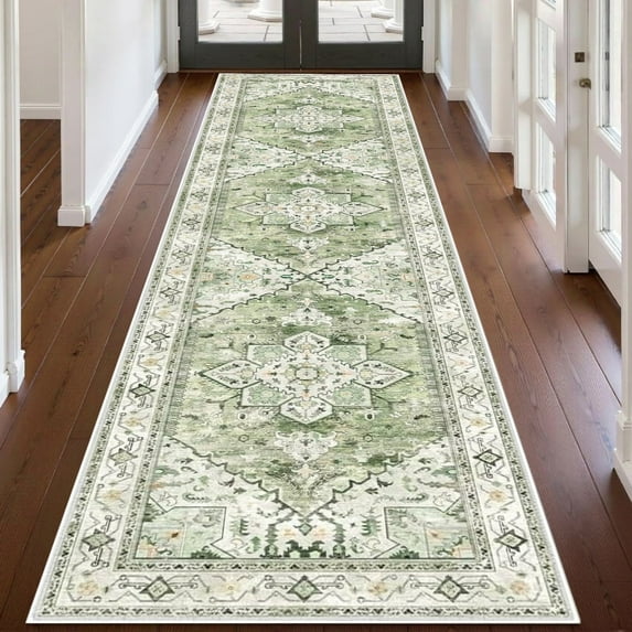 2'x8' Runner Rugs, Yamaziot Vintage Washable Hallway Rug Runner with Rubber Backing, Non-Slip Distressed Carpet Floor Mat for Bedroom, Kitchen, Laundry, Entrance, Green